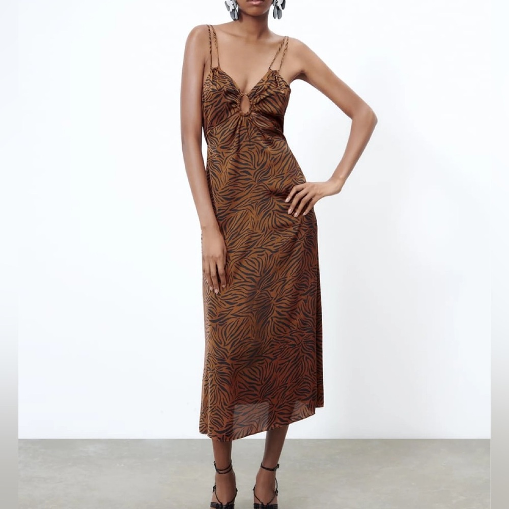 Zara Brown & Black Tiger Animal Print Sleeveless Strappy MIDI Dress Large